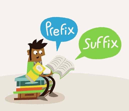 cartoon image of a man sitting on a stack of English spelling books, with quote bubbles in the air written; prefix and suffix.