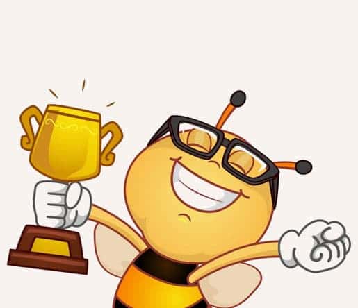 happy cartoon image of a Bee with spelling bee winner trophy 