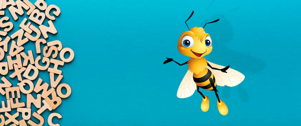 a happy bee with scrambled alphabetical letters on the left side of image. 