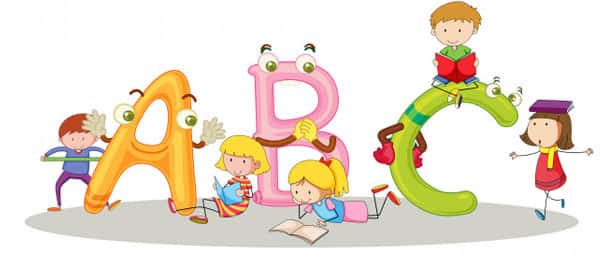 cartoon image of kids’ reading and letters ABC of spelling bee.