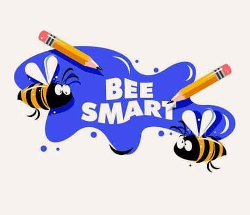 cartoon image of Bee with writing ‘Bee Smart’, portraying spelling bee brilliance. 