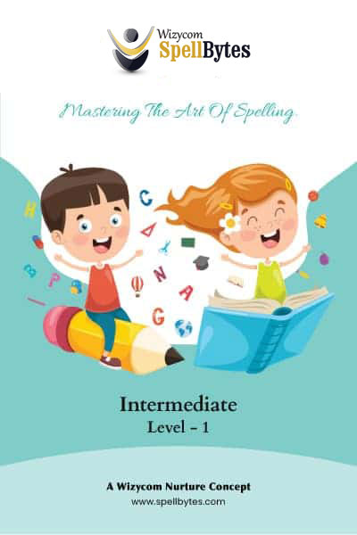 images of spelling bee books, and cartoon images of kids exploring words and letters. 